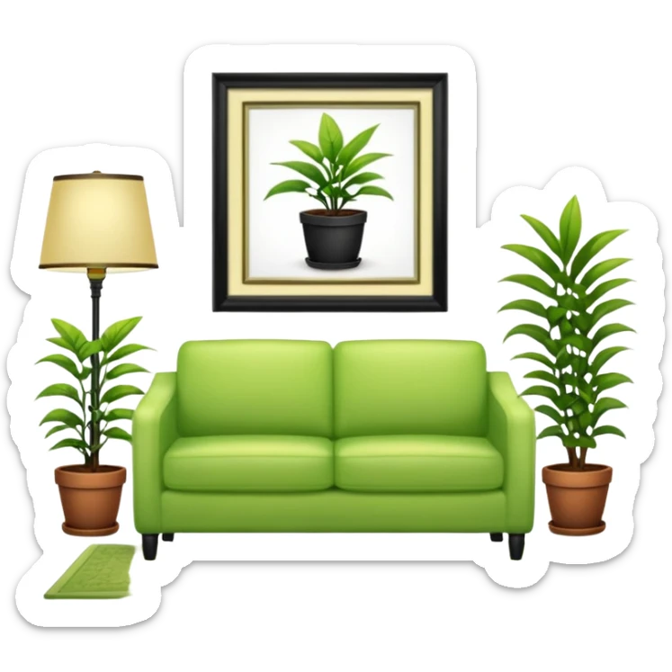 living room in ios emoji style

no TV, and make the couch a light green color

there is a lamp on one side and one plant on the other side. and no picture frame

there is a light colored rug sticker