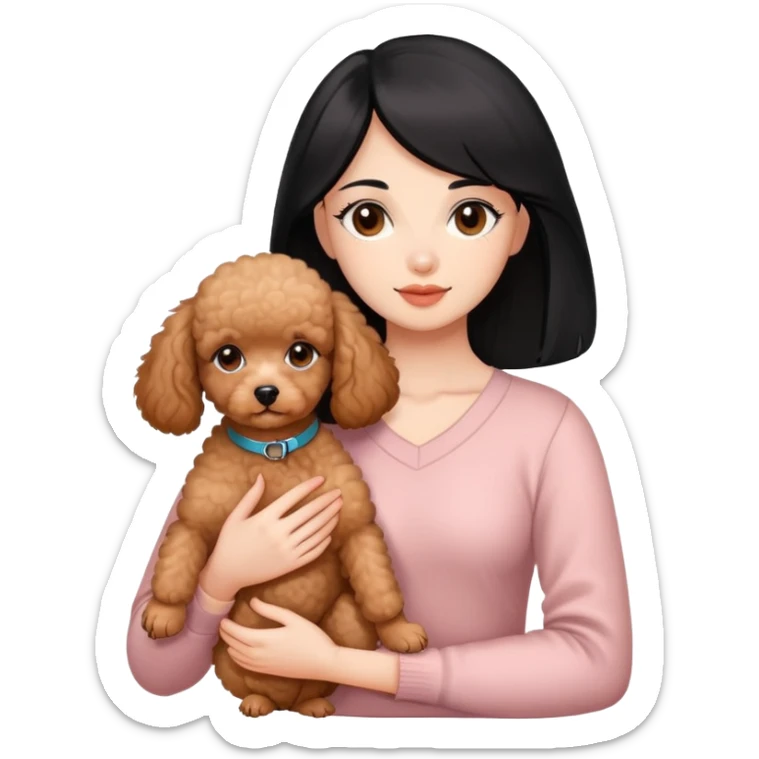 woman with  black straight hair and brown  eyes is holding a apricotpoodle puppy sticker