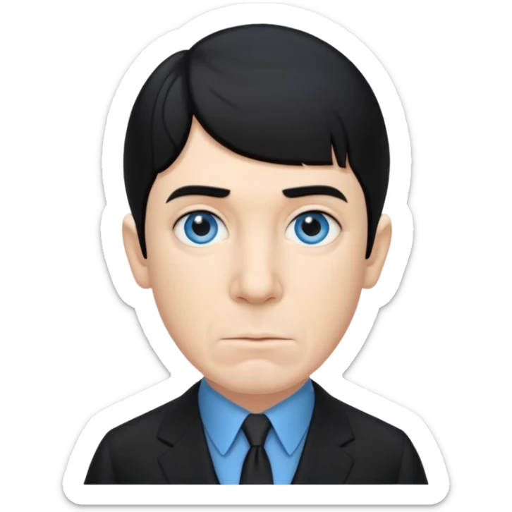 Moe Howard from the Three Stooges with blue eyes, black hair, black suit sticker