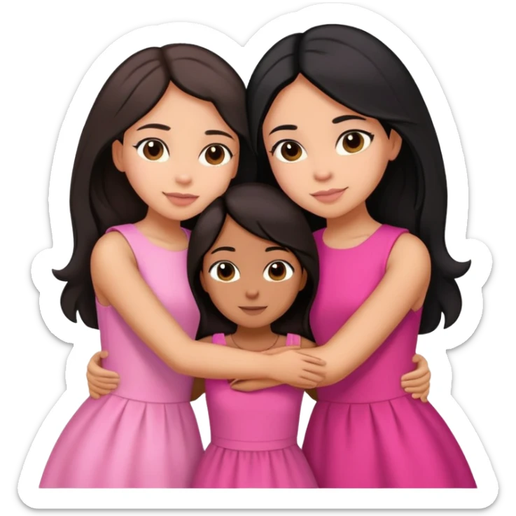Three sisters hug, light skin with long dark brown hair, tan skin long black hair, tan skin dark brown short hair, pink dresses sticker