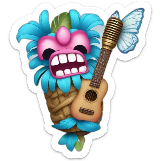 Cartoon Blue and pink tiki singing with butterfly and in the mikrophone sticker