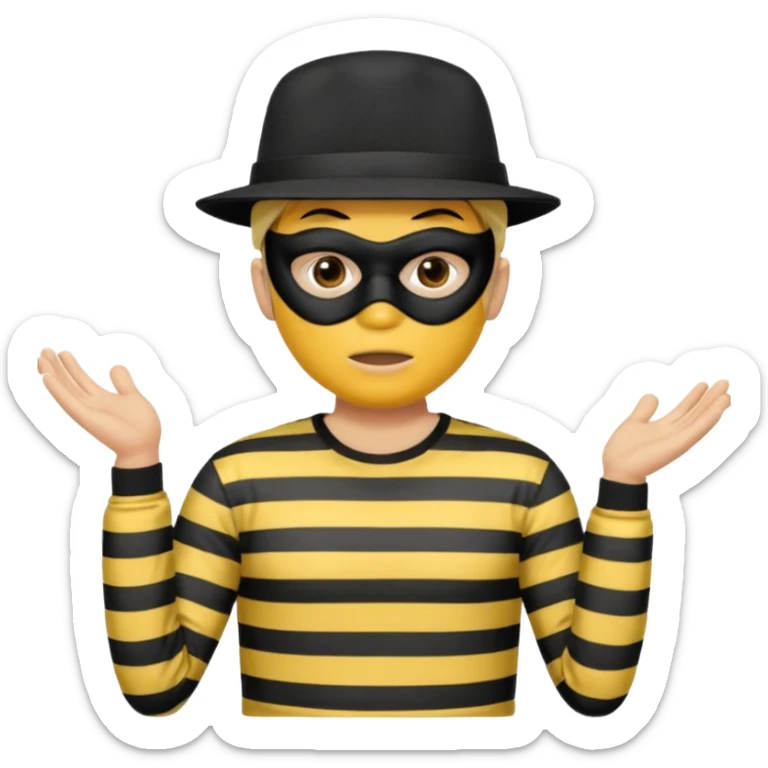 Shrugging shoulders emoji but wearing cliche robber outfit not holding any money, emoji yellow skin tone male sticker