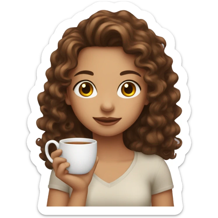 girl with small brown eyes and long brown curly hair holding a tea mug sticker
