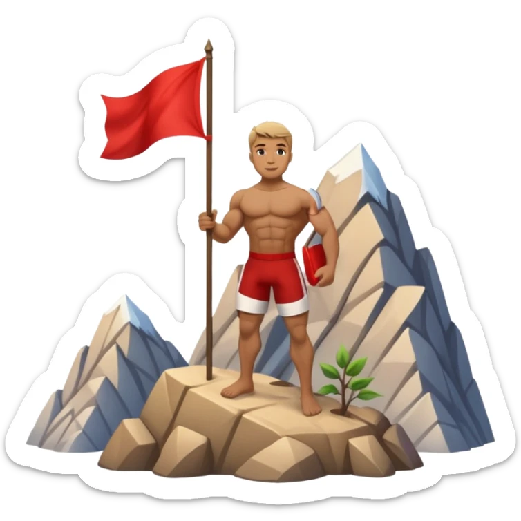 dağın tepesine çıkmayı başaran vedağa kırmızı bir bayrak diken adam sticker