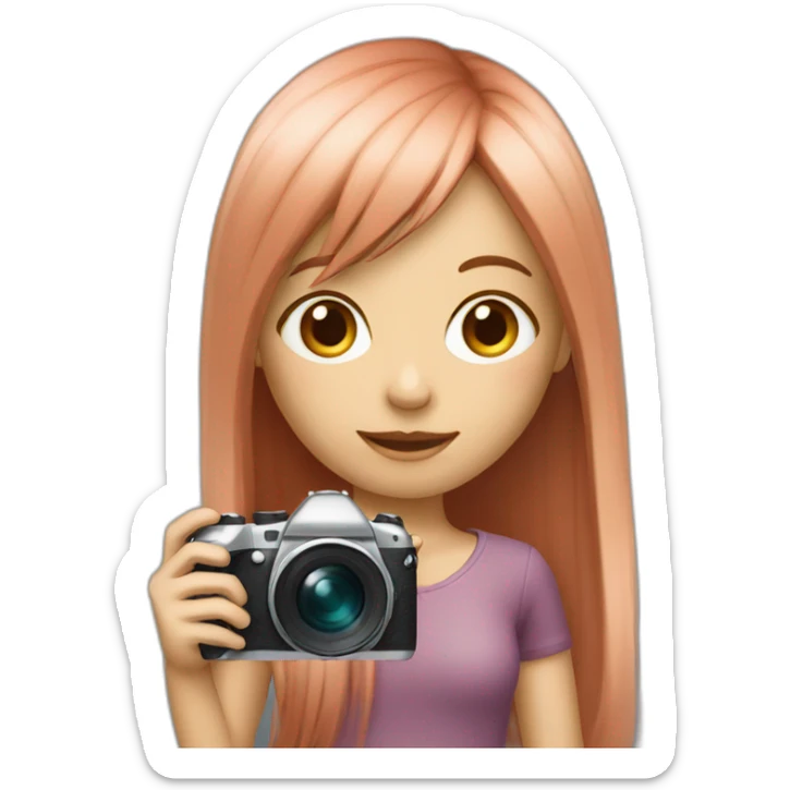 girl with long, straight rose hair and fringe and holding camera sticker