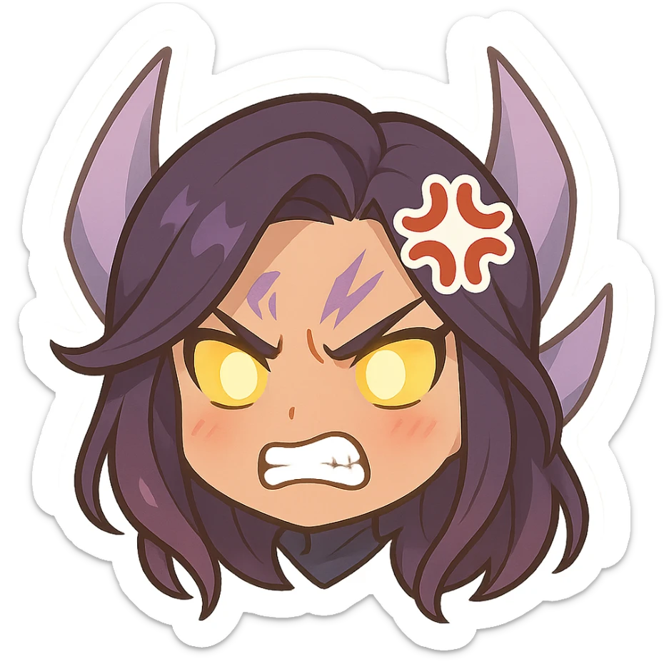 Kaisa from League of Legends, angry emote, chibi style, only head, with glowing eyes sticker