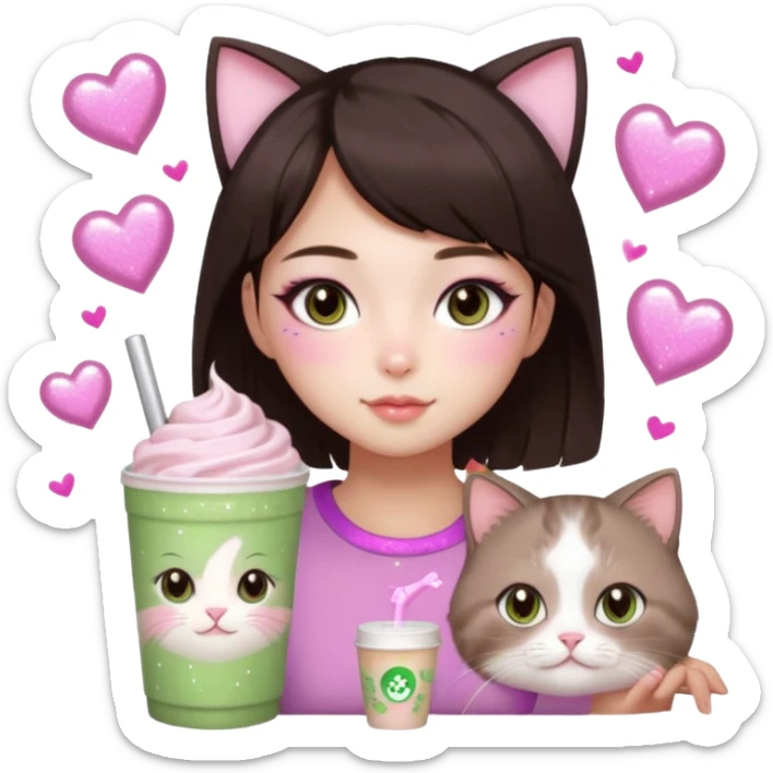 asian girl with short dark brown hair and dark brown eyes with a soft girl pink glowup aesthetic, matcha latte, 2 light brownragdoll cats, and sparkles, makeup, and money sticker