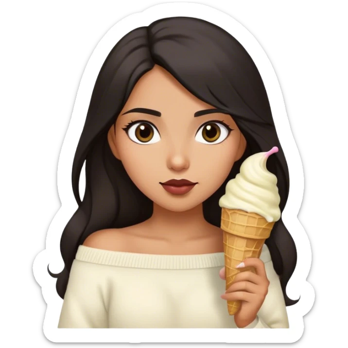 Latina girl with dark long hair and dark eyes and olive skin wearing white off shoulder sweater with ice cream cone  sticker