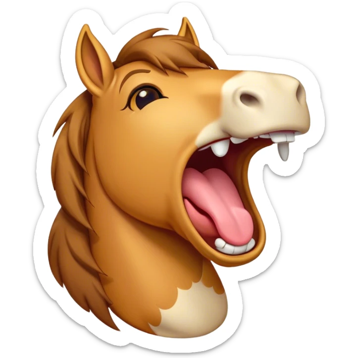 Cinematic Cute Yawning Bay Horse Portrait Emoji, Head tilted slightly with a dramatic, wide-open yawn, revealing a smooth bay fur with a subtle luster, floppy ears slightly drooping, round amber eyes barely open in drowsy contentment, Simplified yet irresistibly adorable features, highly detailed, glowing with a soft, cozy glow, high shine, relaxed yet expressive, stylized with a touch of equine whimsy, bright and endearing, soft glowing outline, capturing the essence of a sleepy yet affectionate horse, so drowsy it feels like it could stretch out of the screen and curl up for a nap! sticker