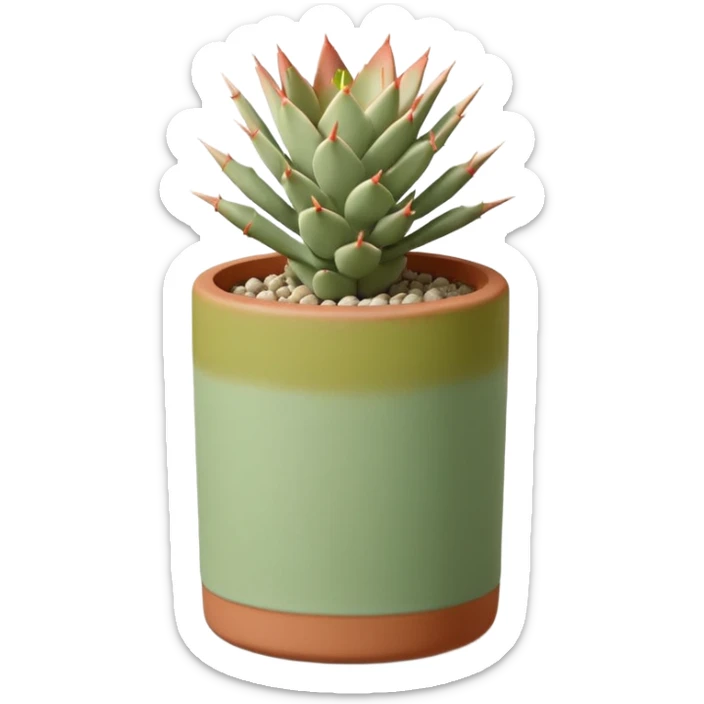 A ceramic pot in a pastel terracotta color, shaped like a cylinder, the pot is tall and contains an Acanthocalycium Glaucum cactus plant. sticker