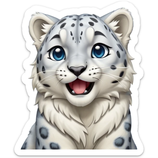 Cinematic-Cute-Yawning-Snow-Leopard-Portrait-Emoji – Head tilted slightly with a dramatic, wide-open yawn, revealing a plush white-and-grey coat with dark rosettes, fluffy ears slightly twitching, round icy blue eyes barely open in drowsy contentment. sticker