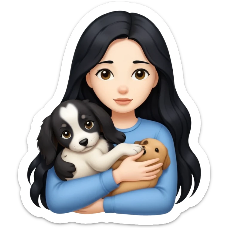 A woman with long black hair hugs a puppy tightly sticker