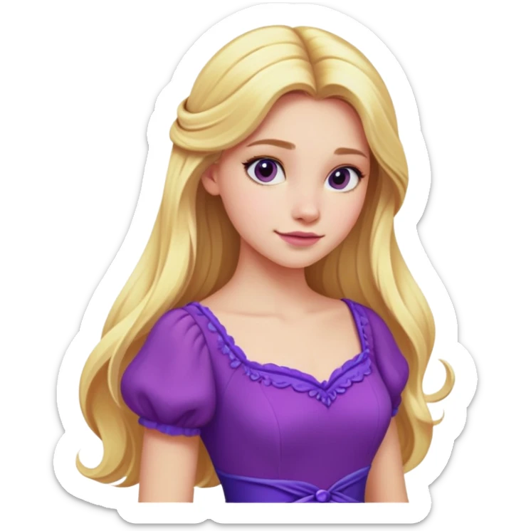 portrait of a young woman, long blonde hair, purple dress, Disney style, soft lighting, vibrant colors, 8k, high detail sticker