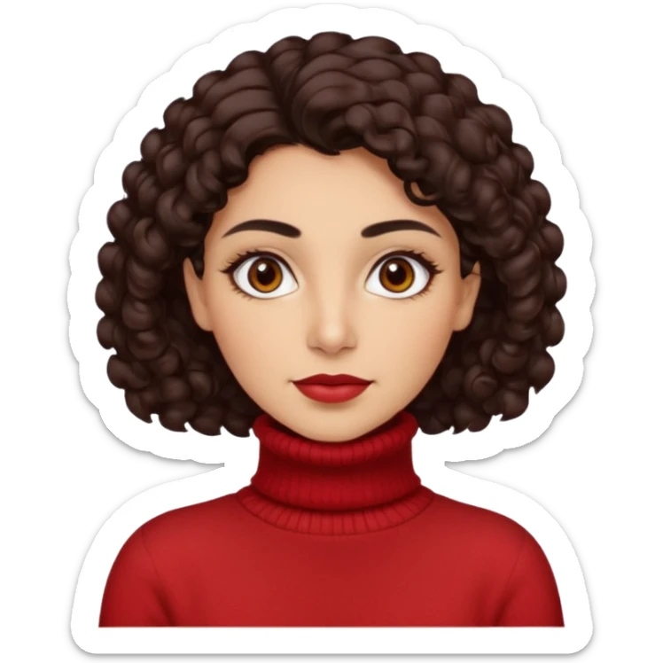 30 yr iranian woman dark brown hair curly wavy short hair, red turtle neck sweater, very thick eyebrows, light skin, dark brown eyes sticker