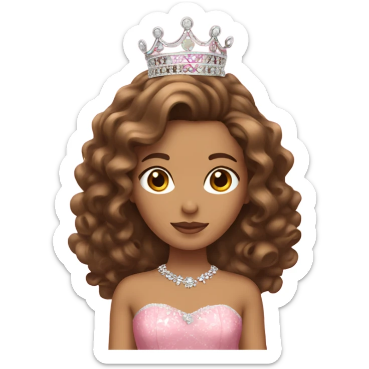 Quinceañera with pink dress, a crown and brown curly hair sticker