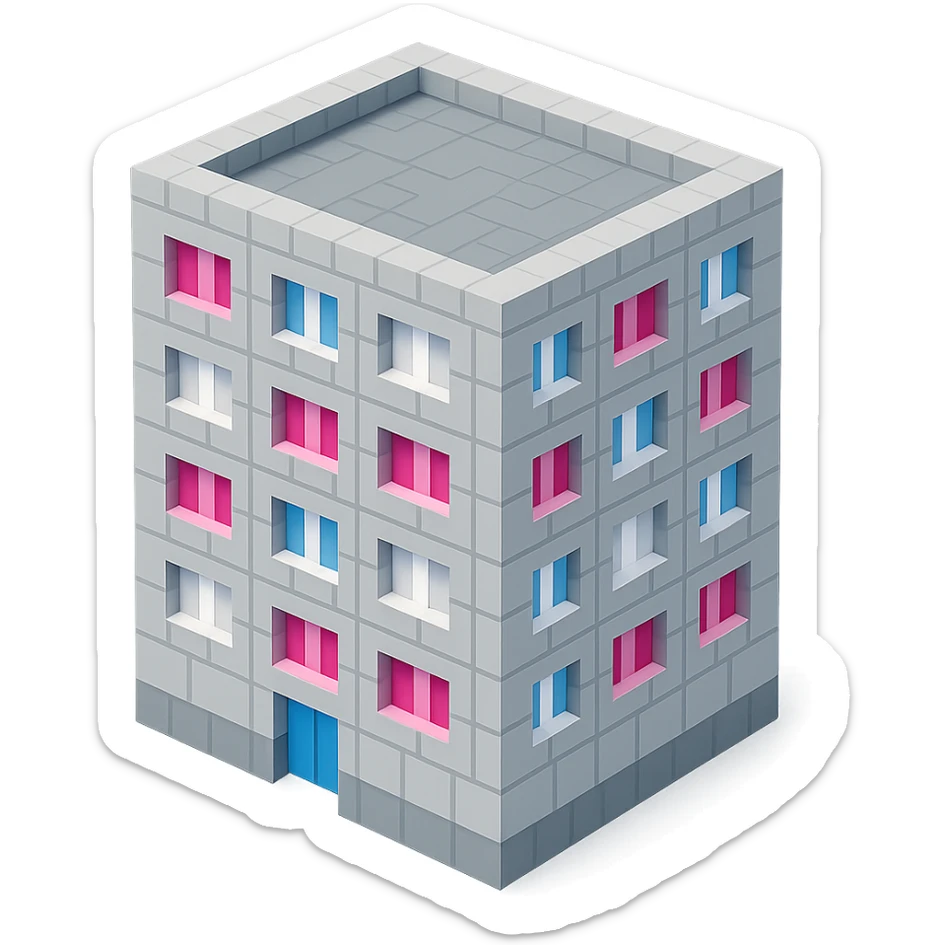 Russian panel apartment building, square block, light gray, alternating pink and white windows, isometric view sticker