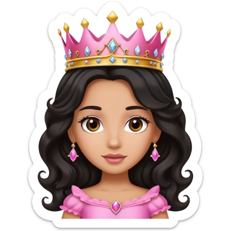 Very tanned princess, with long black wavy hair and a crown, a pink princess Outfit sticker