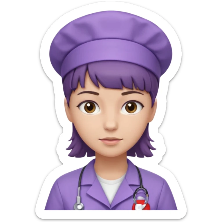 A young female slim nurse with short Brown hair with fringe over her forehead, wearing larvendar purple working cloth, without nurse cap sticker