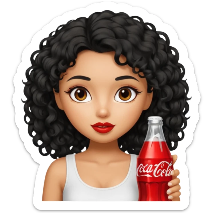 a pretty tan bratz girl with black curly hair drinking coca cola. no makeup. white top sticker