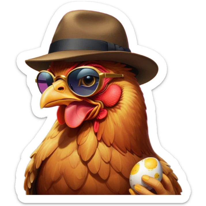 Chicken in the image of an Italian mafioso
— A small fedora, a cigar in the mouth, dark glasses, and a golden egg in the beak. In the background — neon, Vesuvius, whatever. Italy, passion, style. sticker