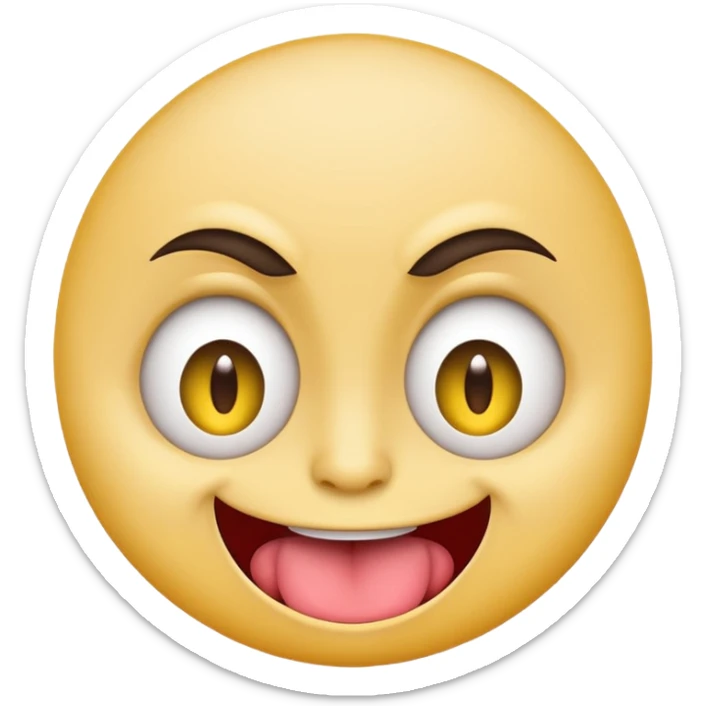 A yellow round face emoji smirking with its tounge out but the eyes are evil and kind of crazy and the eyebrows are turned  sticker