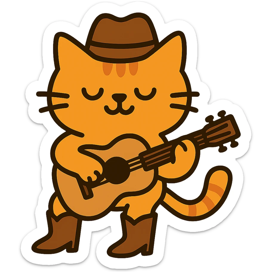 flat toon orange cowboy cat with cowboy boots strumming an acoustic guitar sticker
