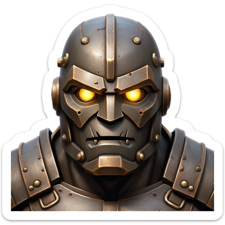 Cinematic Noble Mighty Iron Golem Portrait Emoji Poised and imposing, with a towering, metallic form forged from intricately detailed plates of burnished steel and ancient bronze, etched with faint traces of runes and weathered marks of time. Its piercing, glowing eyes radiate unwavering resolve, casting a solemn and commanding presence; rendered with lifelike texture and natural metallic highlights, high shine, elegant yet indomitable, styled with an aura of legendary endurance, focused and resolute, soft glowing outline, capturing the essence of an eternal guardian, standing vigilant and immovable as if ready to awaken at any moment with unstoppable might! sticker