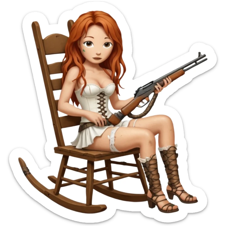 solarpunk ultra HD Tori Amos casually crouches on a rocking chair in a torn corset, holding a shotgun and with muddy feet. a bronze snake wrapped itself around the chair sticker