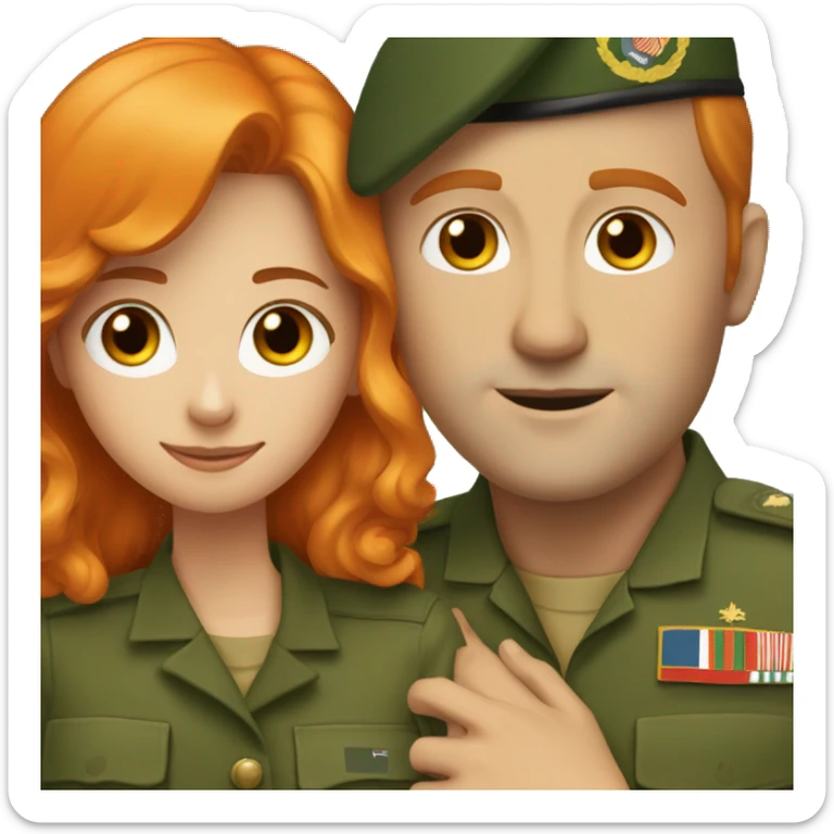 a orange hair girl hugs, white man with brown hair in a green military uniform sticker