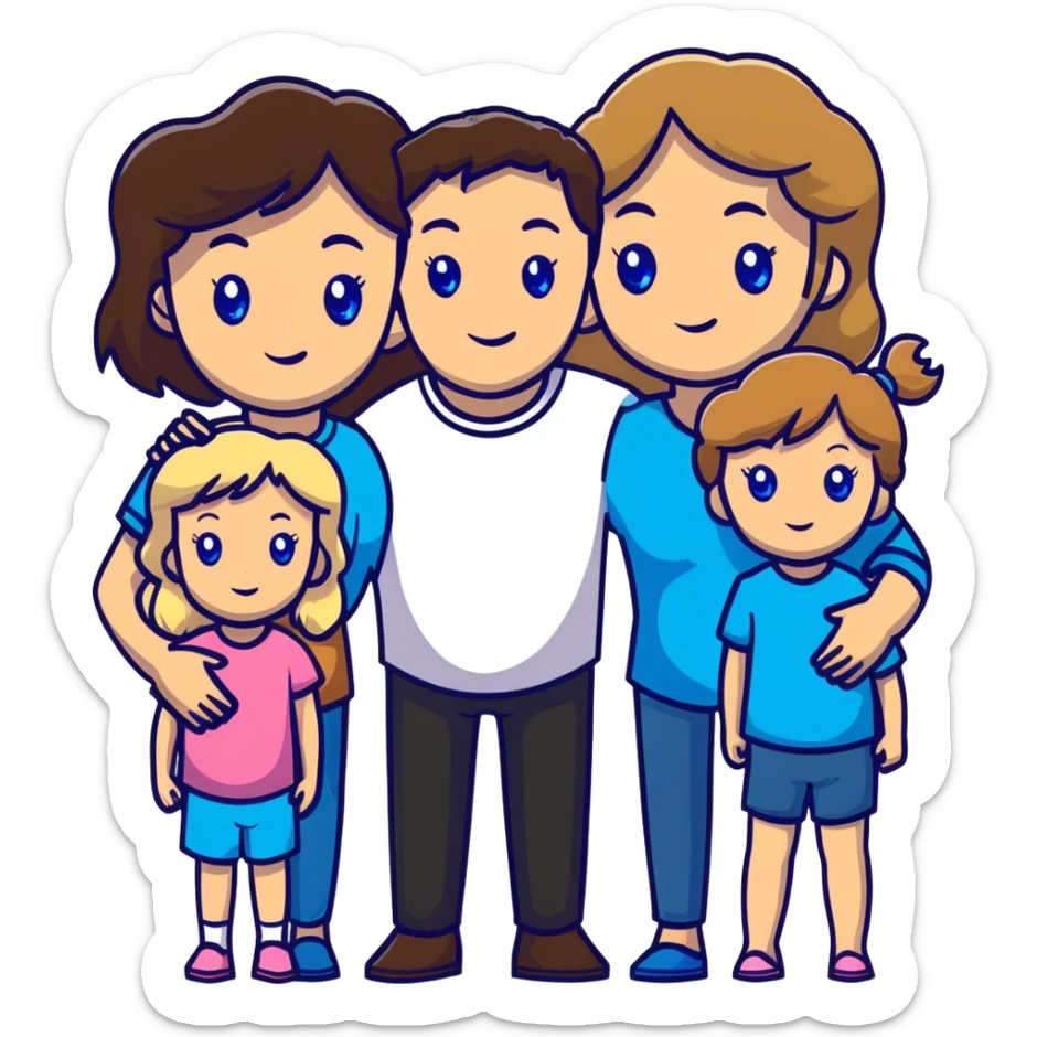 Family portrait with father with dark brown hair and blue eyes, mother with light brown hair and blue eyes, three blonde little girls with blue eyes sticker