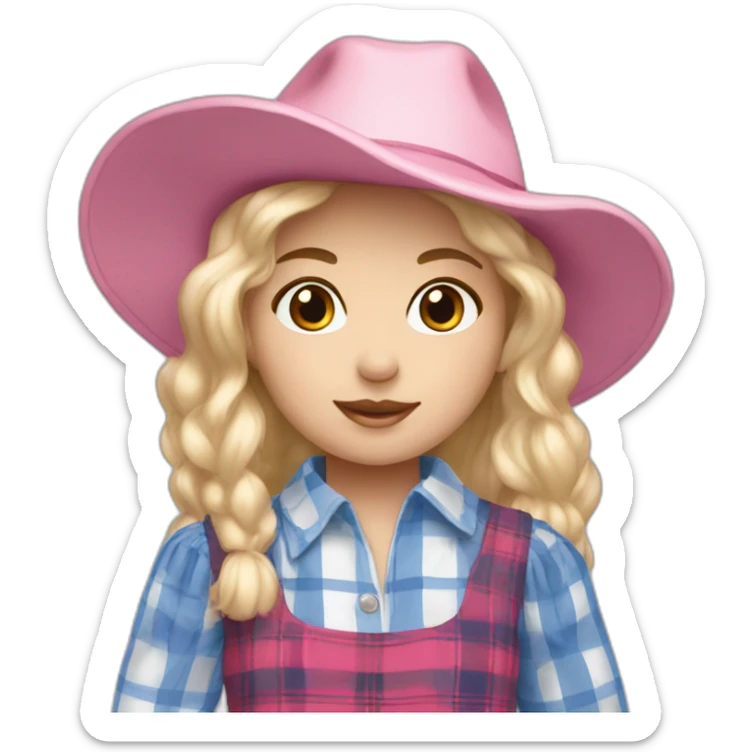 Young ragdoll with blond hair, pink country-hat and blue and white tartan dress sticker