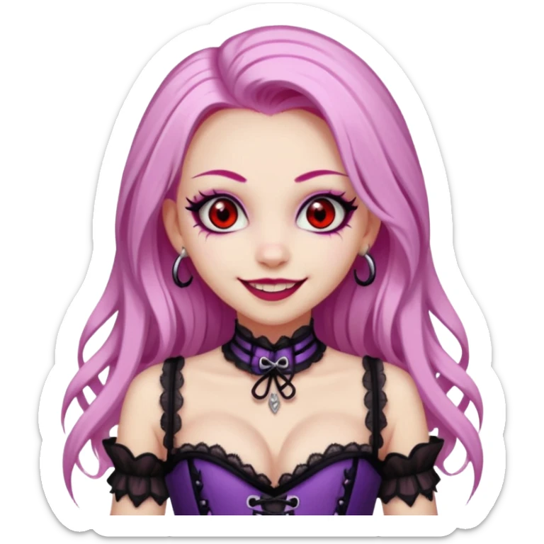 pretty scary girl, long straight LIGHT pink HAIR,SCARY RED eyes, black eyeliner, pale skin, purple corset clothes with laces, AND WITH A GRIN SMILE  sticker
