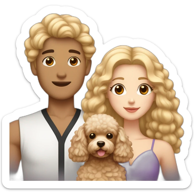 A couple consisting of asian korean man with dark eyes and long curly hair tanned skin and white girl with long straight blonde hair and brown eyes with brown toy poodle sticker