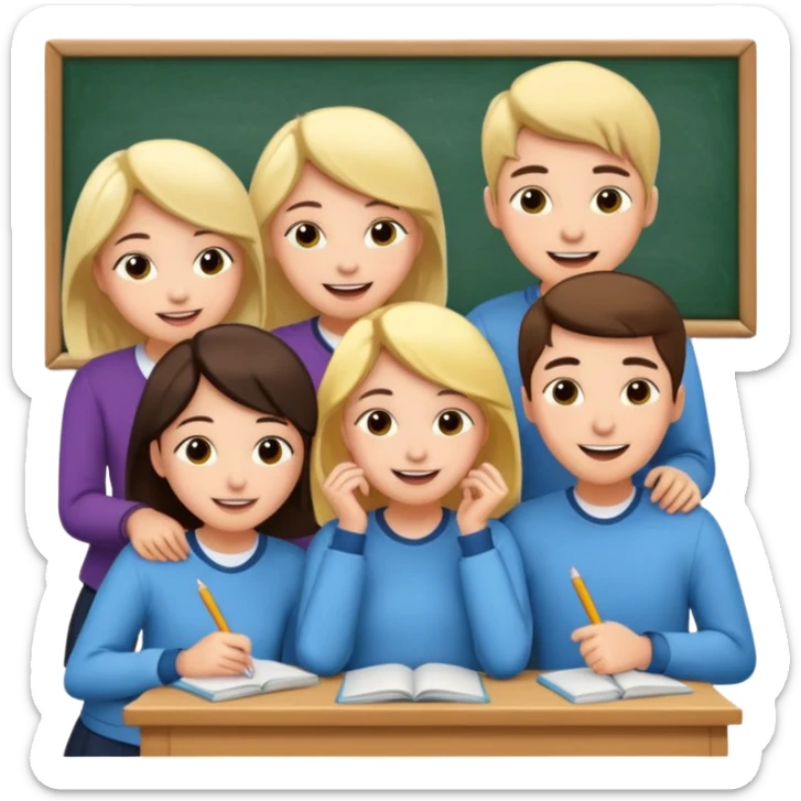 a group of students of both genders (boy and girl) talking quietly in a classroom sticker