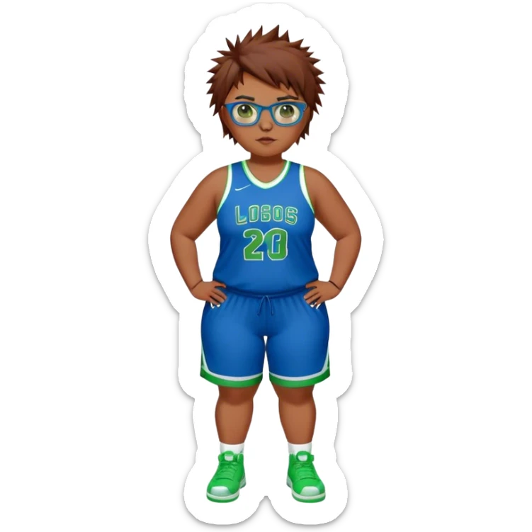 Full Body white plus size Girl with basketball spikey short brown HAIR wearing blue glasses with green eyes wearing blue and green basketball uniform PLAIN sticker