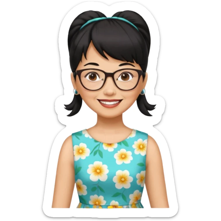 filipino woman black hair in one pony tail with straight bangs and big glasses, 60 yr old, nice dress

 sticker