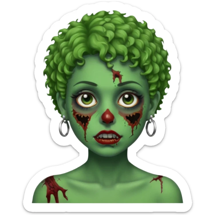 faça uma cabeça verde de zumbi femenina, com im cabelo curtinho cacheado, piercing no nariz, e brincos na orelha sticker