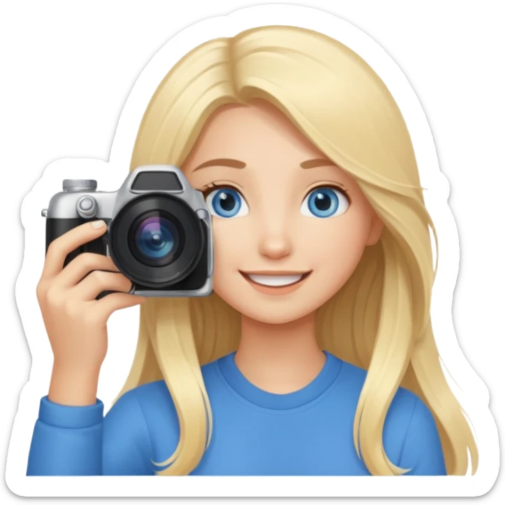  blue eyes blonde girl photographer cartoon taking picture in middle of taking picture camera in front of face long hair smiling funny flash professiona sticker