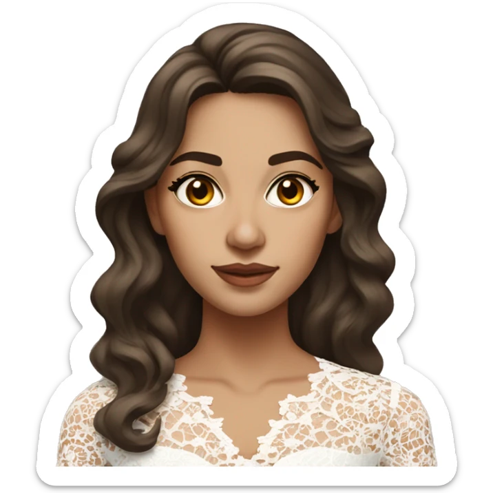 hyper realism Adult woman with brown eyes, light tanned skin, long wavy dark brown hair, wearing a white lace dress sticker