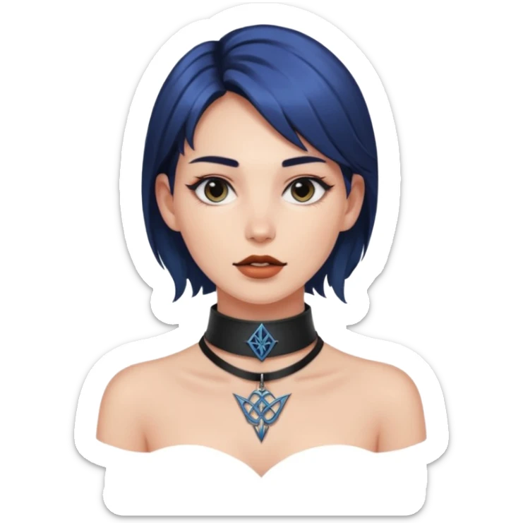 Leather choker with sigil around woman’s neck, pulse visible, dominance tone sticker