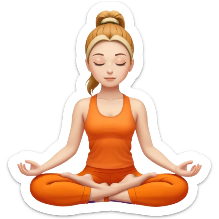 caucasian woman with ponytail in lotus position meditating, eyes closed, peaceful expression, bright orange yoga clothes sticker