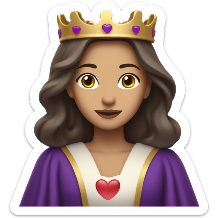 Caucasian long  brunette woman wearing formal royal purple robes and a crown. A burst of hearts are floating around her sticker
