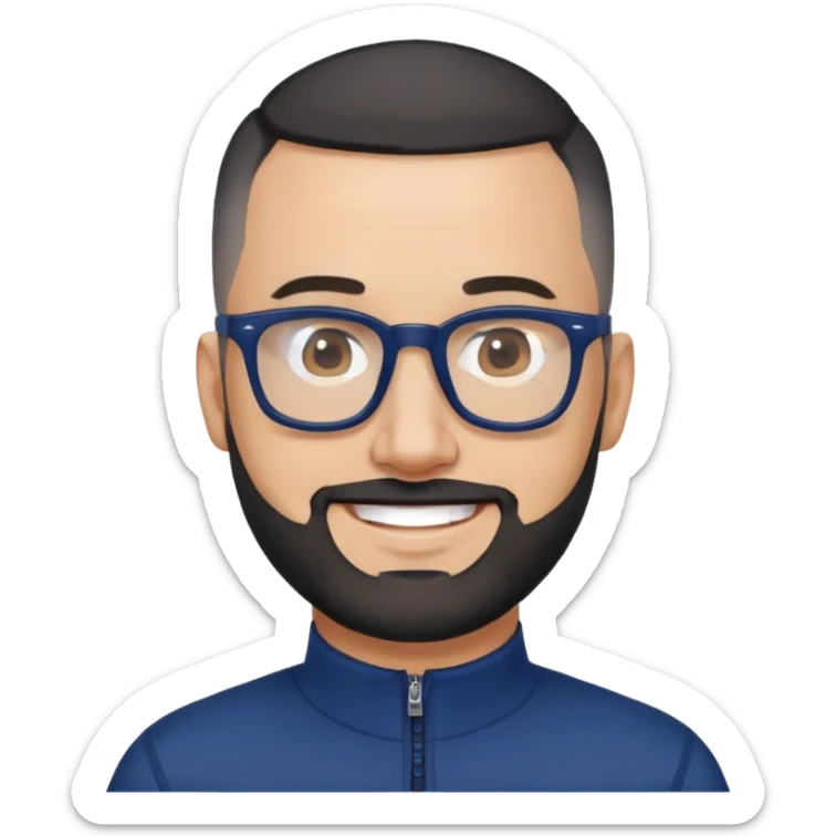 Smiling 40-year-old man with light skin, buzzcut-style very short black hair, gray beard, black glasses, wearing a navy blue athletic zip-neck long sleeve shirt sticker