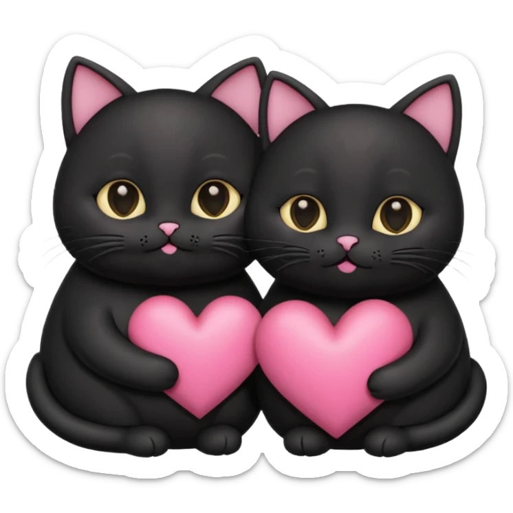 two fat cute black cats love, pink heart, closed mouth, black ears sticker