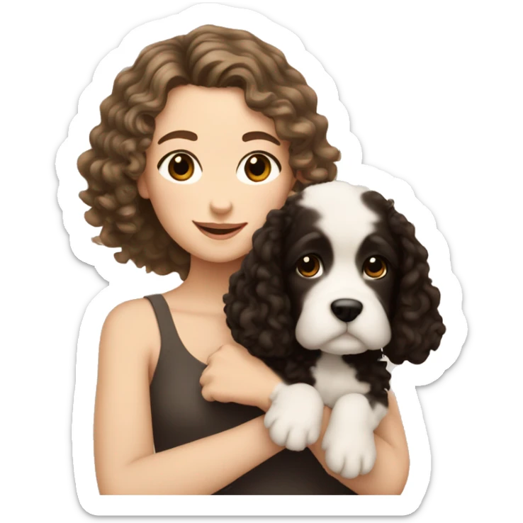 pale white girl with curly black hair holding tan brown puppy sticker