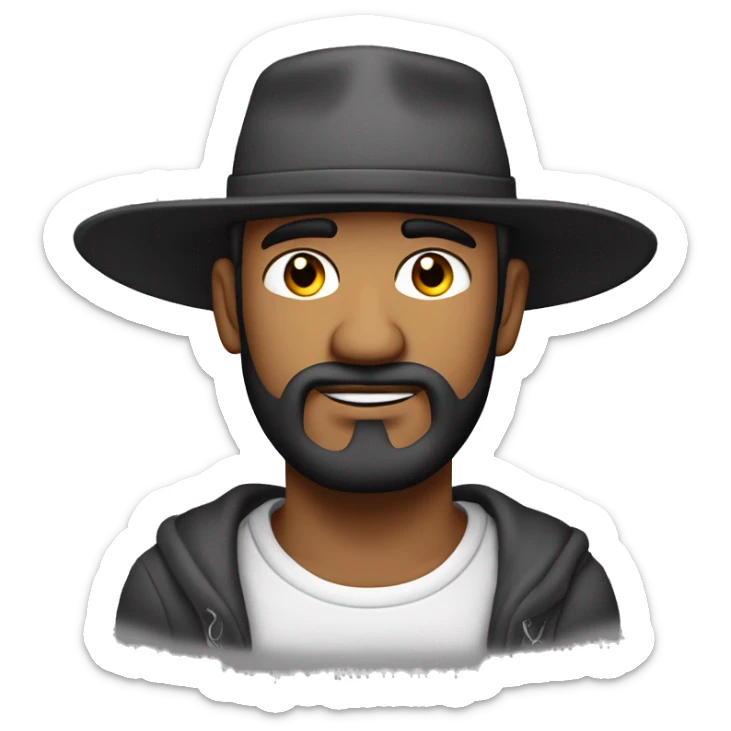 Hombre de tez clara, con ojos claros, barba fina, sin bigote, gorra negra bordada, y sudadera gris. Expresión relajada y estilo urban sticker