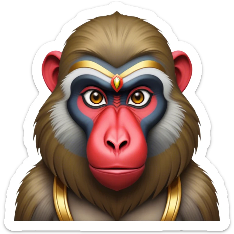 Cinematic Noble Mandrill baboon Portrait Emoji, Poised and regal, with a striking, powerful build and a vivid, deep-set soulful eyes, Simplified yet sharp and sophisticated features, highly detailed, glowing with a vibrant, dignified glow, high shine, intelligent and commanding, stylized with an air of exotic majesty, focused and attentive, soft glowing outline, capturing the essence of a watchful and confident primate, so majestic it feels as though it could step out of the screen with effortless authority! sticker
