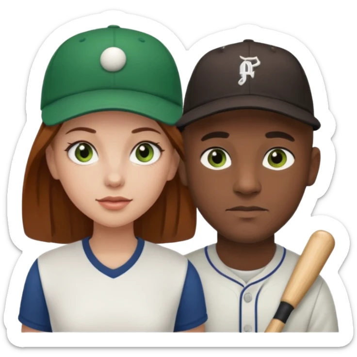 Black bald guy baseball cap  white girl brown hair green eyes sticker