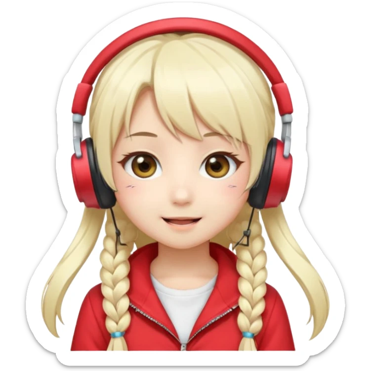 Cute kawaii emoji-style Japanese K-pop singer girl, long platinum blonde hair in twin tails, red outfit, headset mic on cheek, Japanese K-pop idol vibes, big sparkling eyes, chibi proportions, clean lineart, pastel colors, cheerful idol smile, sticker/emoji style, transparent background sticker