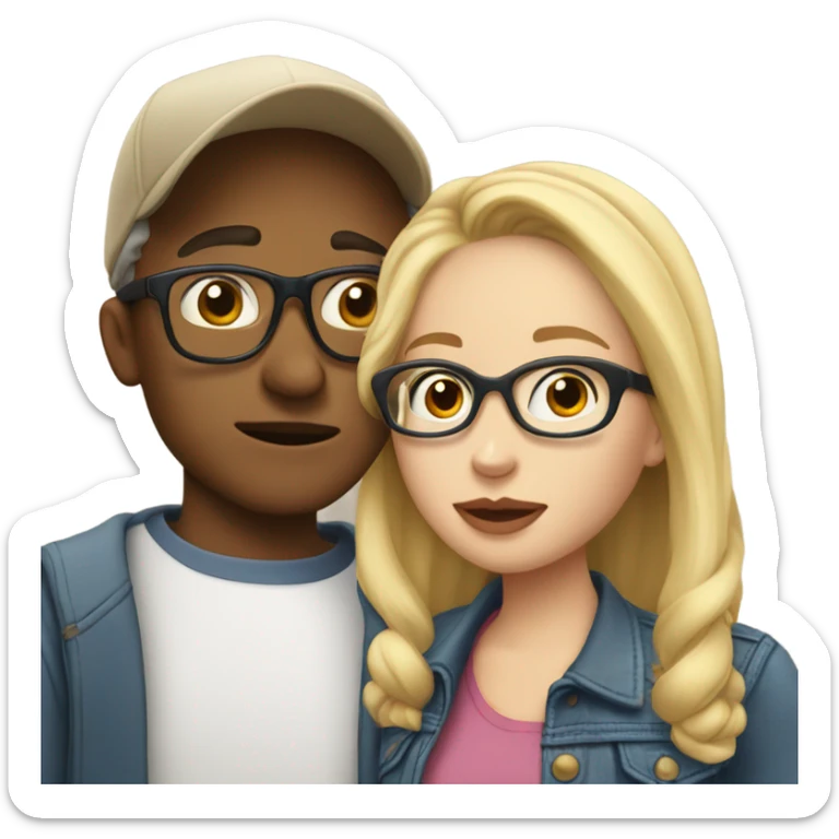 blonde woman with glasses and men with light skin and cap and no glasses kissing sticker